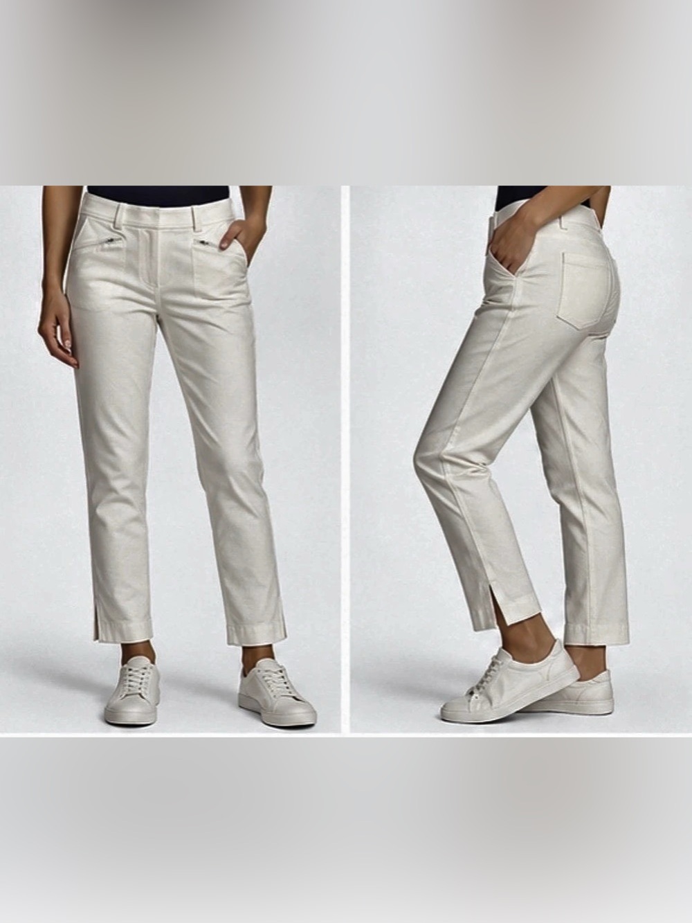 Belyn Key Women’s White Stretch Crop Golf Pants XS – Zip Pockets Ankle Slit NWT